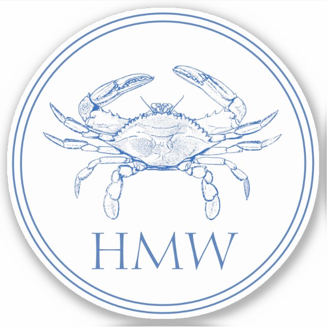 Coastal Blue and White Crab Monogram Aufkleber (Vorderseite)