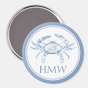 Coastal Blue and White Crab Monogram Magnet