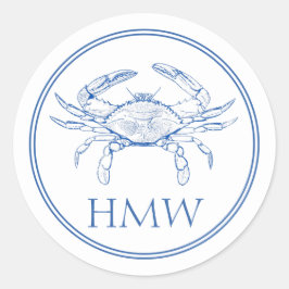Coastal Blue and White Crab Monogram Runder Aufkleber