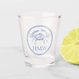 Coastal Blue and White Crab Monogram Schnapsglas