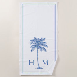Coastal Blue and White Palmetto Palm Tree Monogram Strandtuch