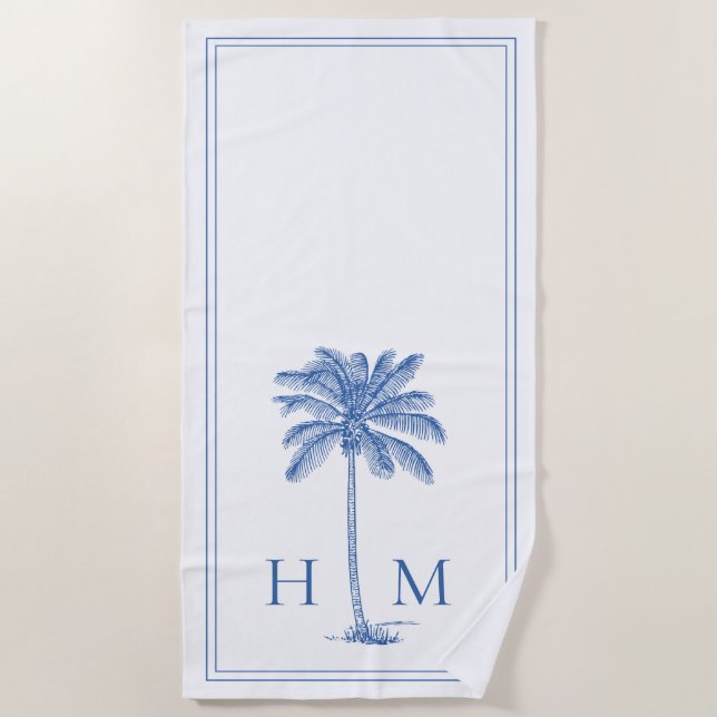 Coastal Blue and White Palmetto Palm Tree Monogram Strandtuch (Vorderseite)