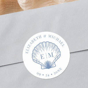 Coastal Blue Beach Muschel Monogram Wedding Runder Aufkleber