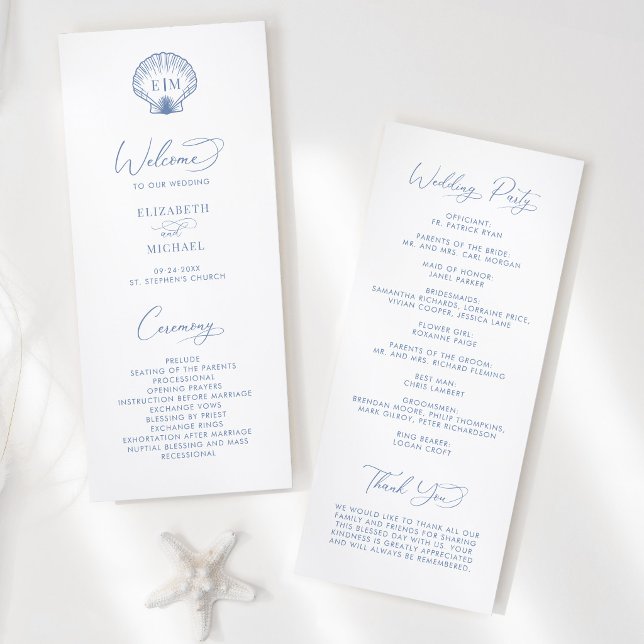 Coastal Blue Beach Shell Monogram Wedding Programm (Von Creator hochgeladen)