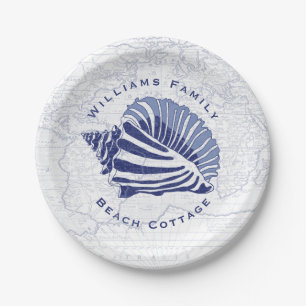 Coastal Blue Conch Seashell Familienname Pappteller