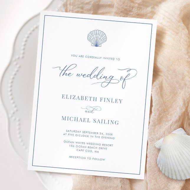 Coastal Blue Elegant Beach Wedding Invitation Einladung (Von Creator hochgeladen)
