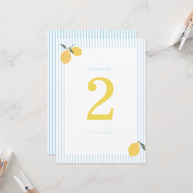 Coastal Blue Lemon Amalfi Wedding Table Number Einladung (Vorderseite/Rückseite Beispiel)
