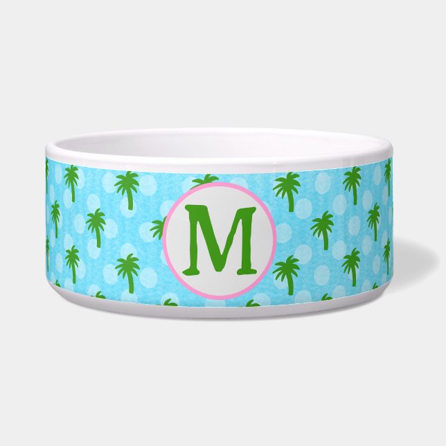 Coastal Blue mit Grünpalmenbaum Keramik Pet Bowl Napf (Vorderseite)