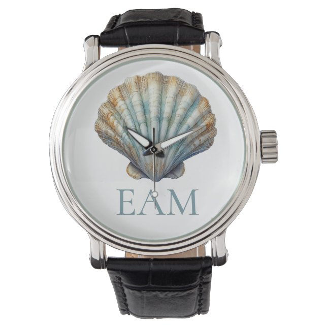 Coastal Blue Scallop Seashell Monogram Armbanduhr (Vorderseite)