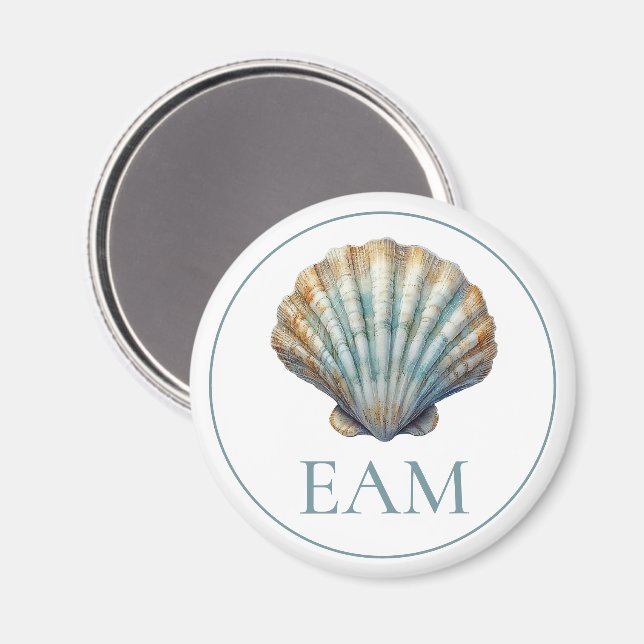 Coastal Blue Scallop Seashell Monogram Magnet (Vorderseite/Rückseite)