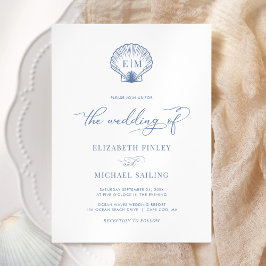 Coastal Blue Seashell Monogram Wedding Einladung