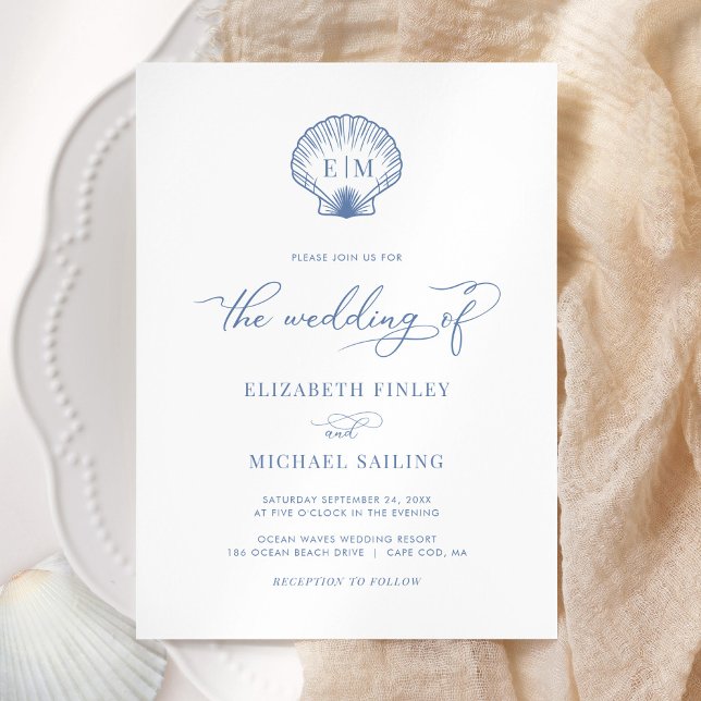 Coastal Blue Seashell Monogram Wedding Einladung (Von Creator hochgeladen)