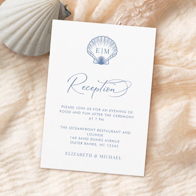 Coastal Blue Seashell Monogram Wedding Reception Begleitkarte (Von Creator hochgeladen)