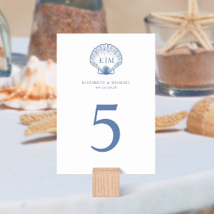 Coastal Blue Seashell Monogram Wedding Tischnummer