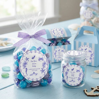 Coastal Blue Striped Sea You Soon Baby Shower Runder Aufkleber