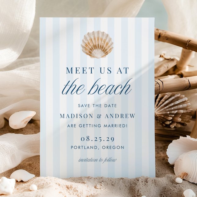 Coastal Blue Stripes Shell Beach Wedding Save The Date (Von Creator hochgeladen)