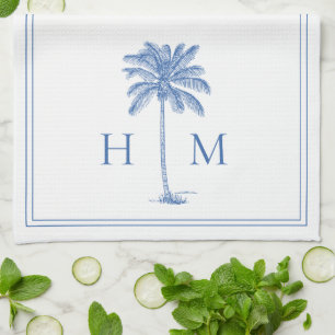Coastal Blue und White Palmetto Palm Monogram Geschirrtuch
