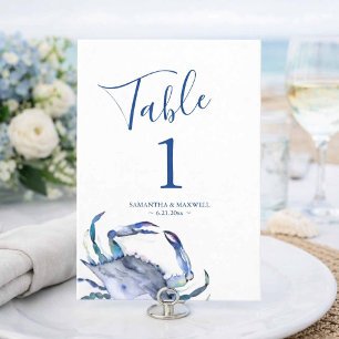 Coastal Blue Watercolor Crab Wedding Tischnummer