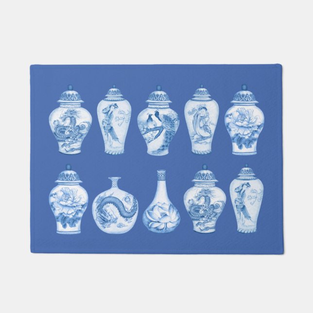 Coastal Blue White Chinoiserie Temple Ginger Jars Fußmatte (Vorderseite)