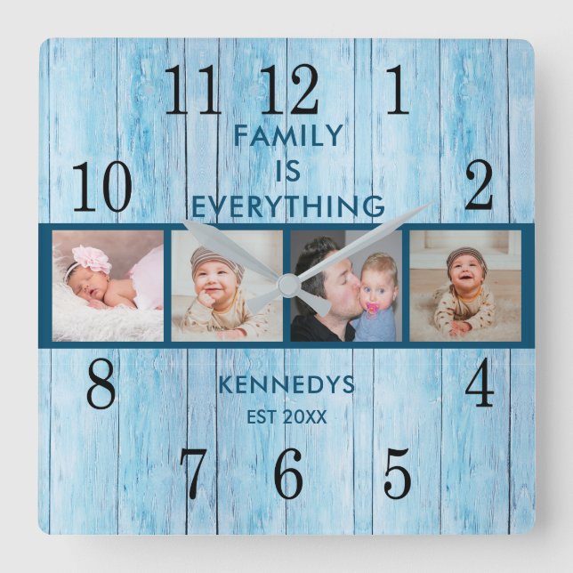 Coastal Blue Wood 4 Foto Collage Familienangebot Quadratische Wanduhr (Vorderseite)