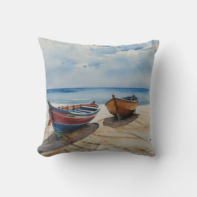 "Coastal Calm" Eine ruhige Wasserfarbenwelt Kissen (Vorderseite)