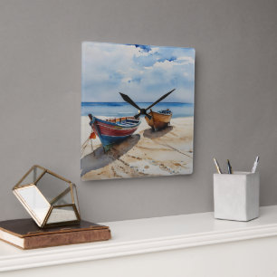 "Coastal Calm" Eine ruhige Wasserfarbenwelt Quadratische Wanduhr