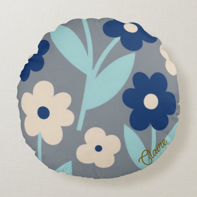 Coastal Calm Florals | Indigo & Turquoise pattern Rundes Kissen (Vorderseite)