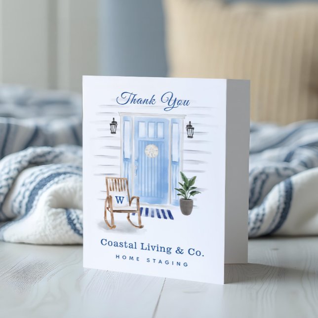 Coastal Chic Beachy Watercolor Blue Front Door Dankeskarte (Coastal Chic Beachy Watercolor Blue Front Door Thank You Card)