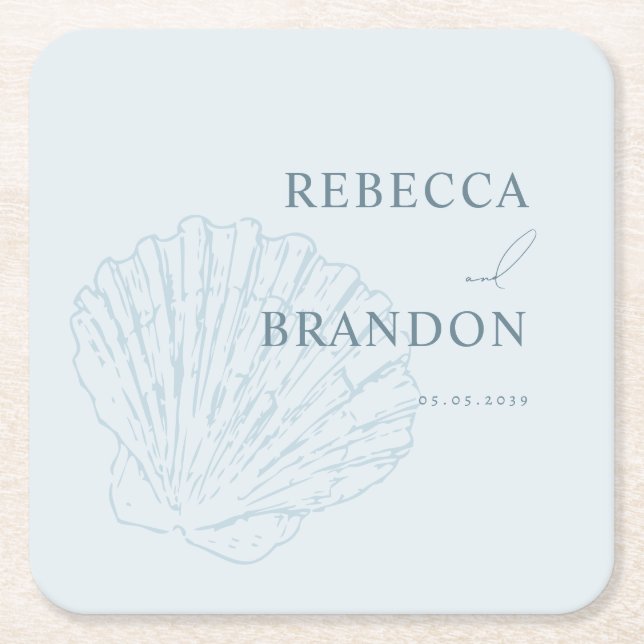 Coastal Chic Blue Hand Drawn Seashell Wedding Rechteckiger Pappuntersetzer (Vorderseite)
