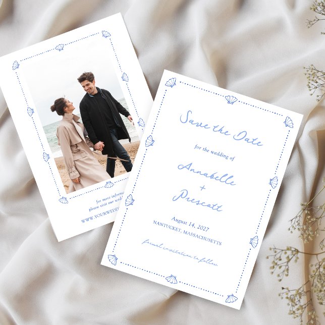 Coastal Chic Blue Muschel Ocean Beach Foto Hochzei Save The Date (Von Creator hochgeladen)