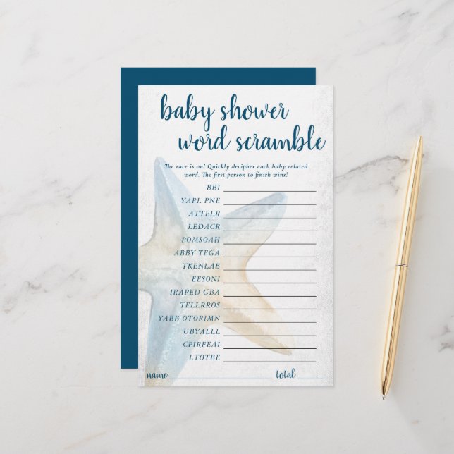 Coastal Chic | Blue Starfish Word Scramble Game (Vorderseite/Rückseite Beispiel)