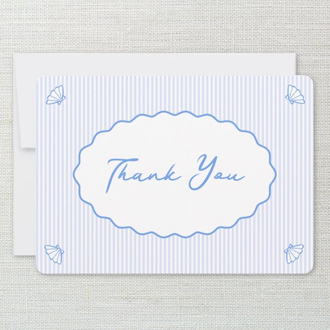 Coastal Chic Blue & White Strip Muschel Handgeschr Dankeskarte (Von Creator hochgeladen)