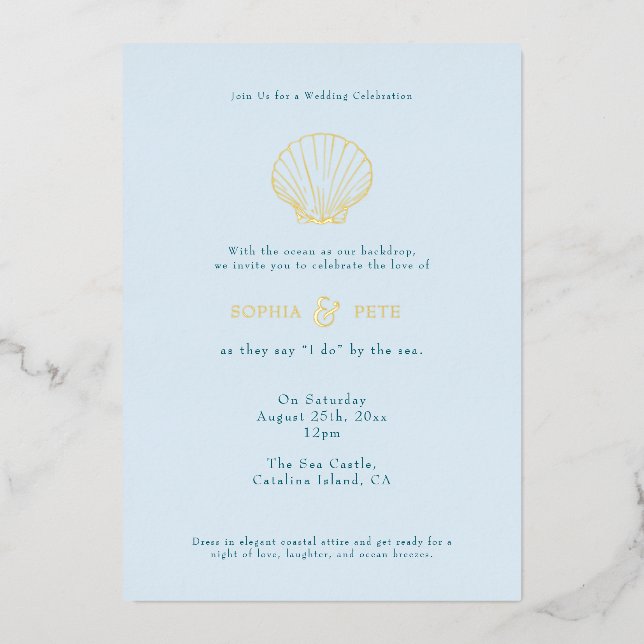 Coastal Chic Foil Wedding Einladung Blue (Vorderseite)