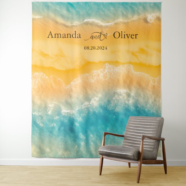 Coastal Chic Golden Sand Aquamarine Hochzeit Hinte Wandteppich (Beispiel)