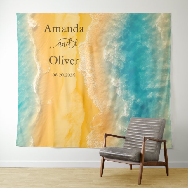 Coastal Chic Golden Sand Aquamarine Hochzeit Hinte Wandteppich (Beispiel (Horizontal))
