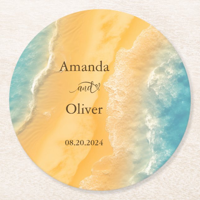 Coastal Chic Golden Sand Aquamarine Hochzeit Willk Runder Pappuntersetzer (Vorderseite)