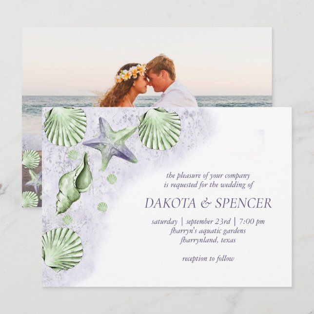 Coastal Chic | Lila Green Nautical Wedding Foto Einladung (Vorne/Hinten)