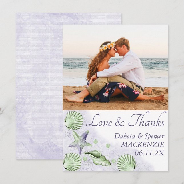 Coastal Chic | Lila und Lime Green Wedding Foto Dankeskarte (Vorne/Hinten)