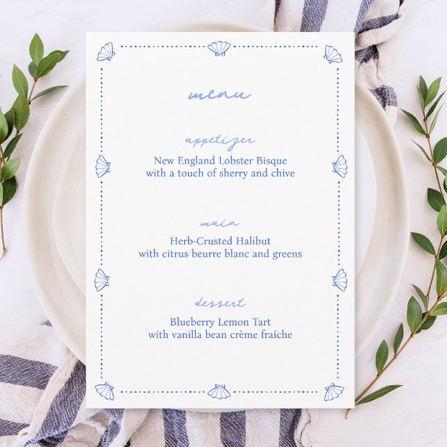 Coastal Chic Muschel Border Blue and White Wedding Menükarte (Von Creator hochgeladen)