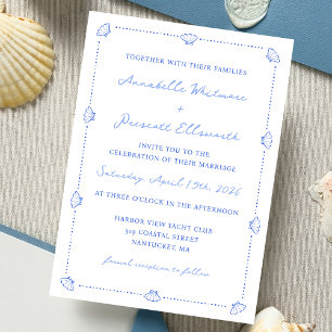 Coastal Chic Muschel Border Elegante Blue Wedding Einladung
