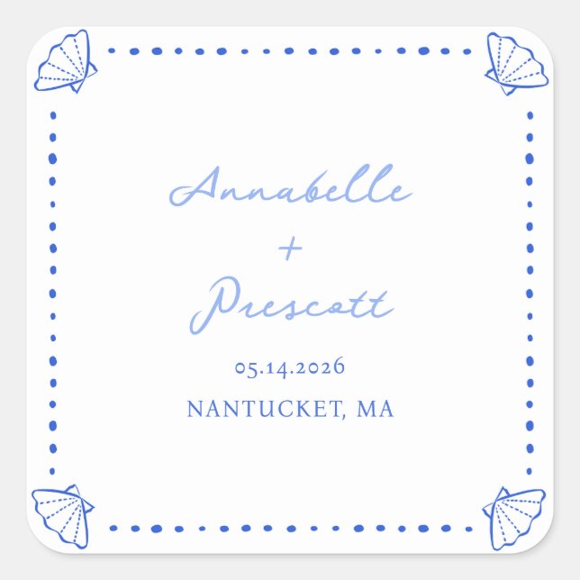 Coastal Chic Muschel Border Personalisiert Wedding Quadratischer Aufkleber (Vorderseite)
