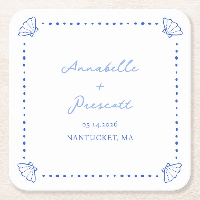 Coastal Chic Muschel Border Personalisiert Wedding Rechteckiger Pappuntersetzer (Vorderseite)
