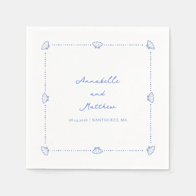 Coastal Chic Muschel Border Personalisiert Wedding Serviette (Vorderseite)