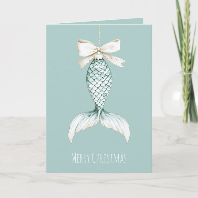Coastal Christmas Mermaid Bow Blue Beach Ocean   Karte (Vorderseite)