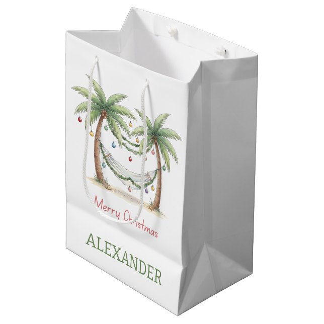 Coastal Christmas Palm Trees With Hammock Mittlere Geschenktüte (Vorderseite Schrägansicht)