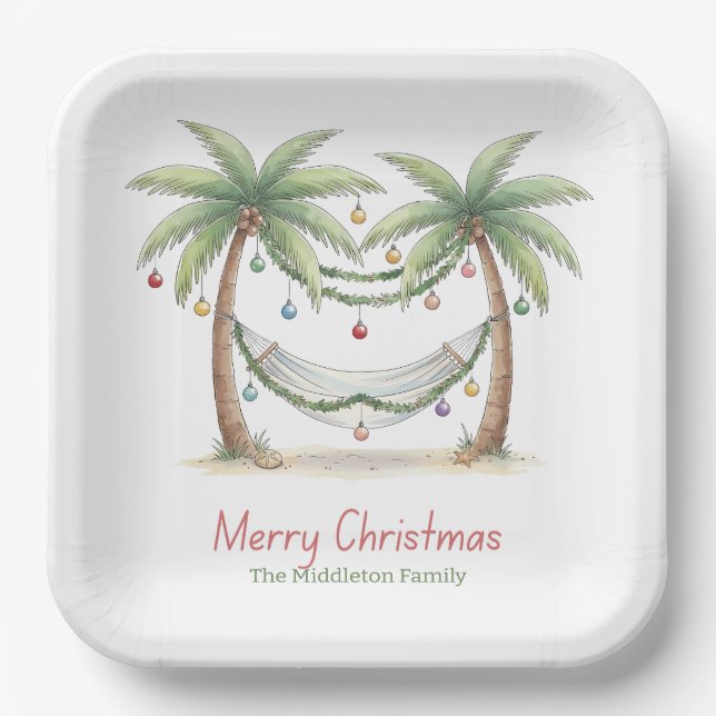 Coastal Christmas Palm Trees With Hammock Pappteller (Vorderseite)