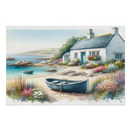 Coastal Cottage Watercolor Seaside Scene Poster