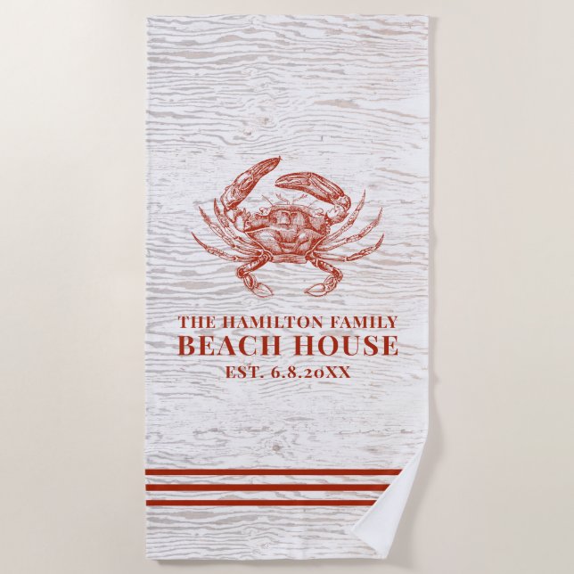 Coastal Crab Beach House Rustikaler Name Strandtuch (Vorderseite)