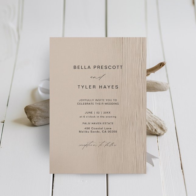 Coastal Driftwood Sand Beach Elegante Hochzeit Einladung (Coastal Wedding Invitation Elegant Modern Minimalist Driftwood Beach Ocean Sand Ecru Beige )