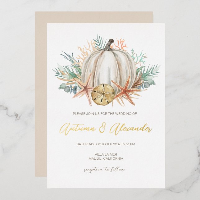 Coastal Fall Pumpkin & Muscheln Hochzeit Folieneinladung (Vorderseite/Rückseite)